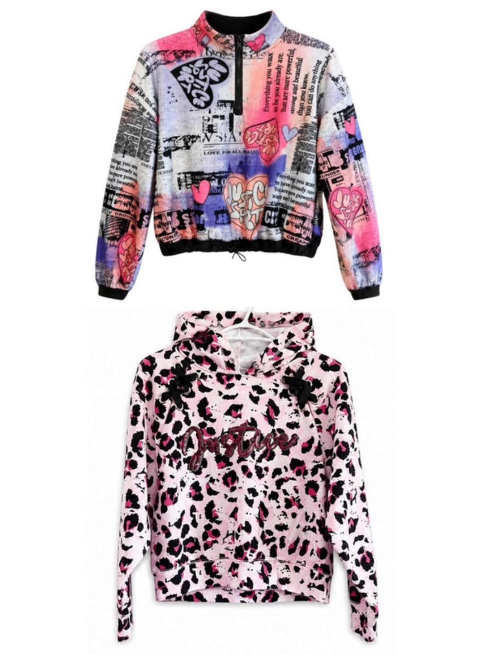 2 Piece Justice Bundle – Graffiti Print Quarter Zip & Pink Leopard Print Hoodie
